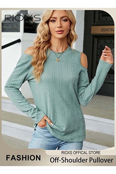 RIOXS Women's Casual Long Sleeve Blouse Round Neck Off-Shoulder Pullover Shir...
