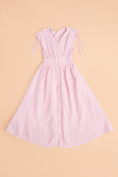 Fulla Moda Shoulder-Tie Buttoned Girls' Muslin Dress