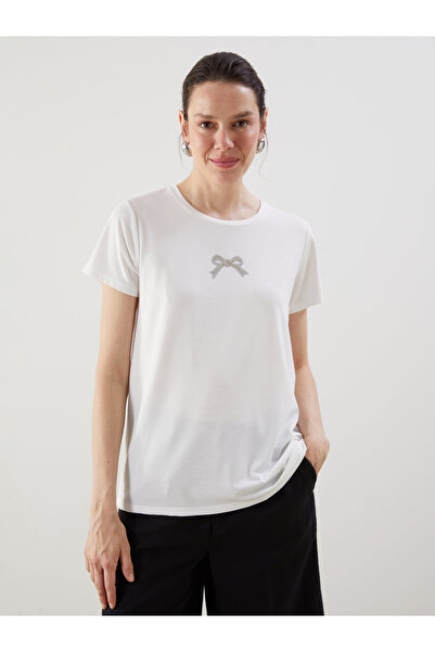 LC Waikiki Tricou de damă cu guler rotund și broderie cu panglică