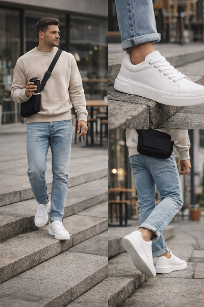 Ayakkabı Vakti Men's White Sneaker Thick Sole Comfortable Daily Sports Shoes ...