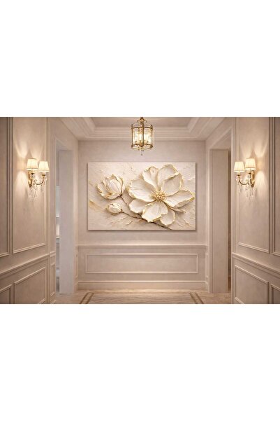 EMİLART 3D Kabartma Görünümlü Gold Çiçek Tablo Modern Minimal Lüks Duvar Deko...