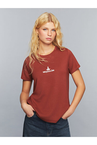 LC Waikiki Tricou de damă cu guler rotund și imprimeu cu slogan