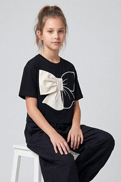 Dmb Момичешка лятна тениска с къс ръкав, кроп кройка и апликация с панделка