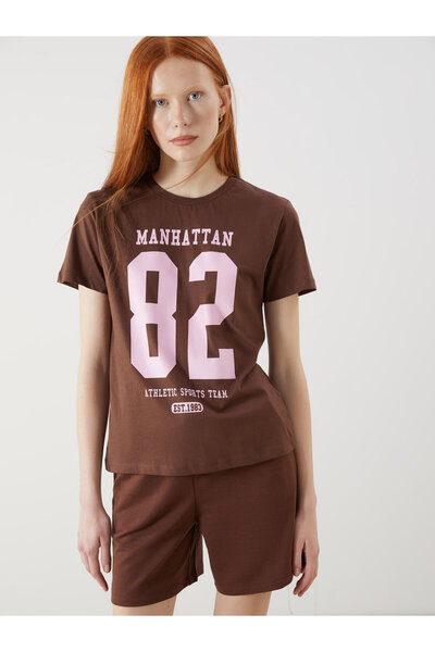 LC Waikiki Γυναικείο T-shirt με στρογγυλή λαιμόκοψη και στάμπα Μανχάταν