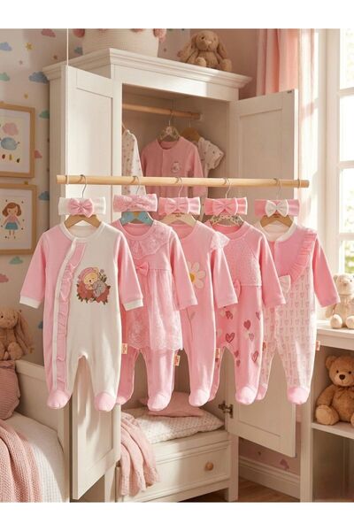 Pamuş Moda Baby Pamuş Baby 5’li Kız Bebek Tulum Seti %100 Pamuk Fiyonk & Dant...