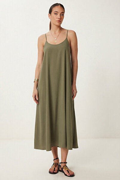 Lovelyİstanbul Rochie elegantă drapată cu bretele LGK0004 VERDE MORALE