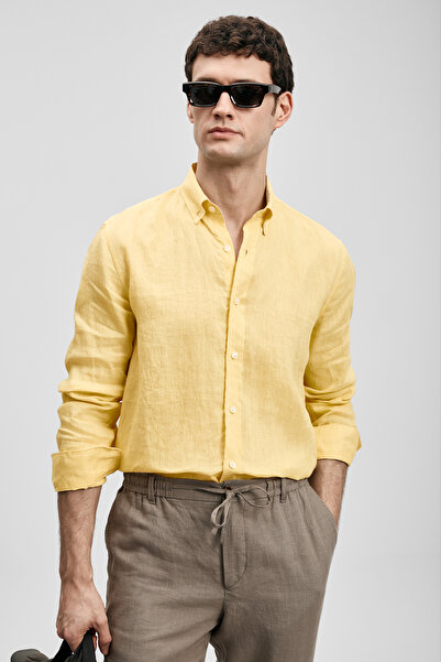Lufian Pitaya Men's Linen Shirt Comfort Fit Yellow