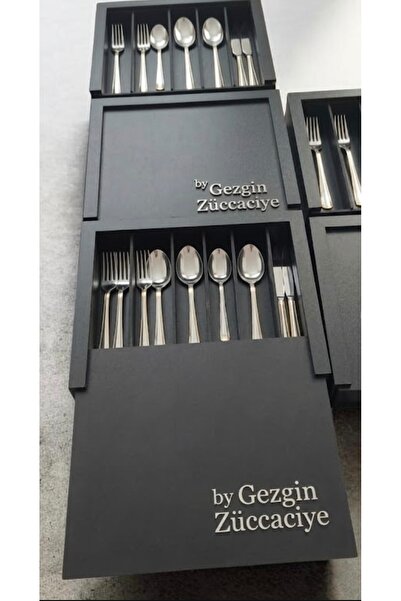 Eksen Premium Ahşap Çatal Bıçak Kutusu - Boş ÇBK Takımı Sandığı (Gold/Gümüş D...