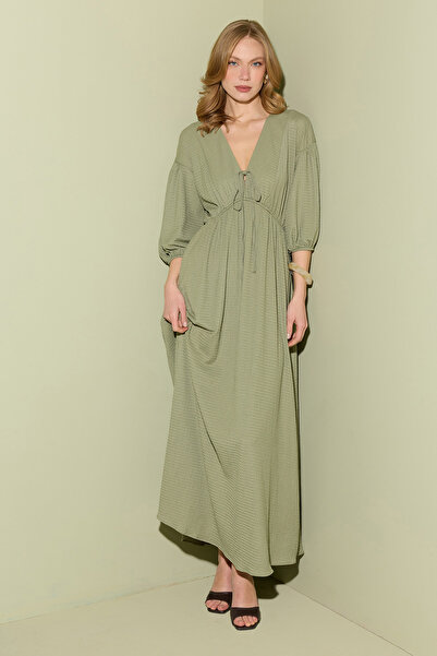 Fulla Moda Önü Bağlamalı Beli Lastikli Maxi Boy Elbise