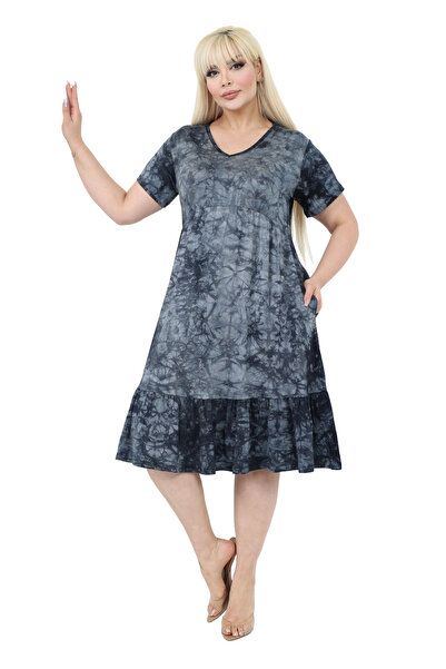 MELSAY Rochie antracit cu mâneci scurte, decolteu în V, cu buzunare, stil Bou...