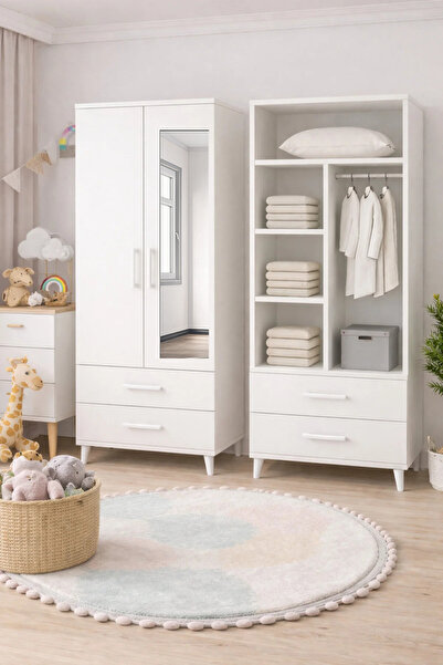 Bygolden Neva Aynalı 2 Kapılı 2 Çekmeceli raflı Gardrop Elbise dolabı