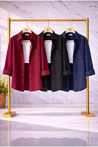 blackbonds Kadın 3lü Bordo Siyah Lacivert Oversize Pamuklu Keten Tek Cepli Sa...