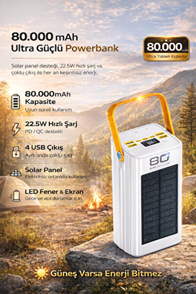 Maybax Güneş Enerjili Solar Powerbank 80.000 mAh Dijital Göstergeli El Fenerl...