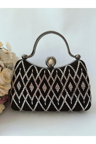Ceylan Abiye Çanta - Tel Kırma El İşlemeli Antrasit Siyah Renkli Abiye Çanta