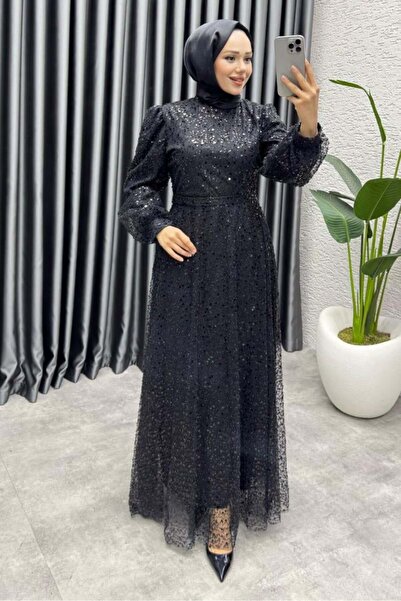 Kalemen Moda Maral Pullu Abiye 6653 Siyah