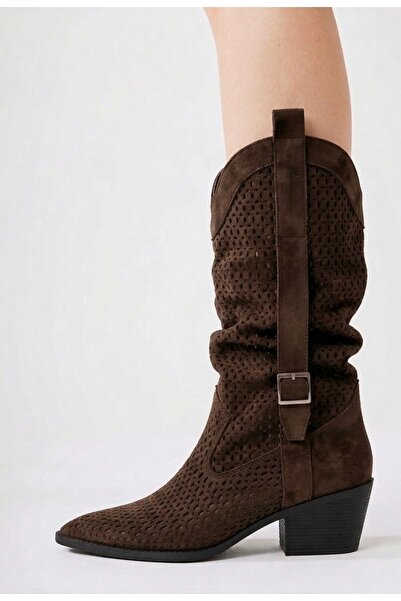 BonuStep Kahverengi Western Körüklü Kadın Kalın Topuklu Yazlık Çizme