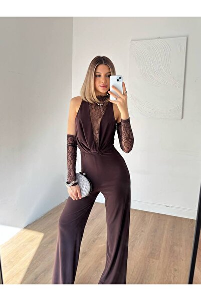 Misscix Kadın Asimetrik Yaka Dantel Göğüs Dekolteli Tulum