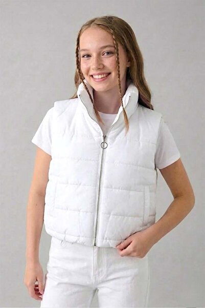 MODANI SEÇ Girl's White Puffy Vest with Stone Print on the Back and Stand-Up ...