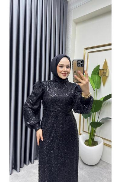 Kalemen Moda Omuzu Tüy Detaylı Taşlı Abiye 8011 Siyah