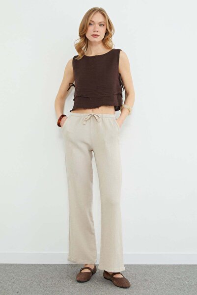 Fulla Moda Țesătură de muselină Beli cu detaliu cu șnur pantaloni palazzo