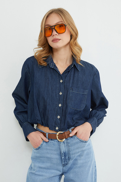 Fulla Moda Cămașă din denim cu un singur buzunar și nasturi