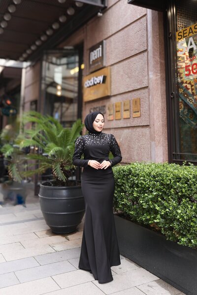Kalemen Moda Şanel Taşlı Balık Abiye 8048 Siyah