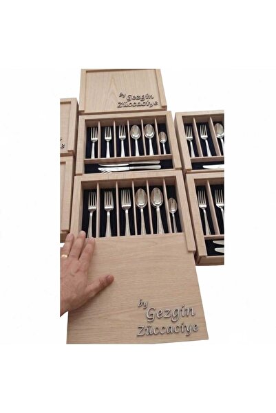 Eksen Premium Ahşap Çatal Bıçak Kutusu - Boş ÇBK Takımı Sandığı (Gold/Gümüş D...