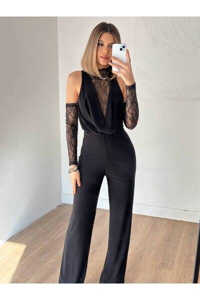 Misscix Kadın Asimetrik Yaka Dantel Göğüs Dekolteli Tulum