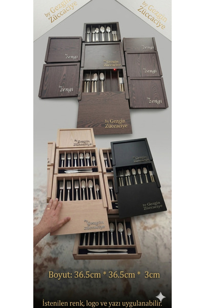 Eksen Premium Ahşap Çatal Bıçak Kutusu - Boş ÇBK Takımı Sandığı (Gold/Gümüş D...