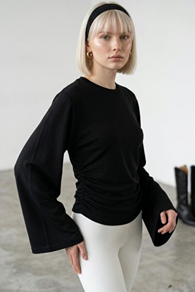 Safgiyim44 Wide Sleeve Gathered Side Blouse Black