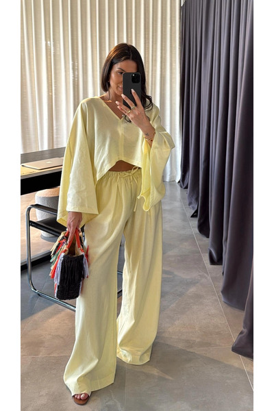 My Blog Yellow V-Neck Bat Sleeve Blouse Pants Set - 40119