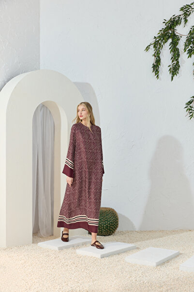 Aker Bordo Desenli Bisiklet Yaka Elbise