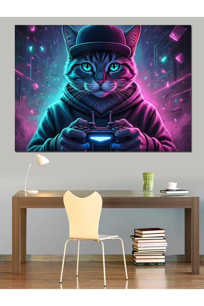 TabloPro Neon Işıklı Oyuncu Kedi Portresi Yağlı Boya Dokulu Kanvas Tablo Canv...