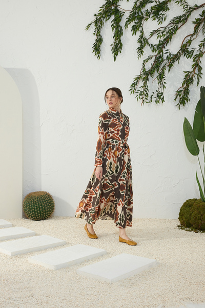 Aker Turuncu Klasik Keten Desenli Elbise