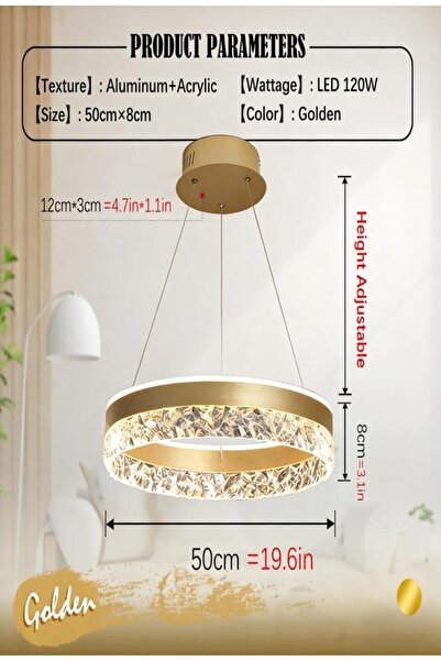Generic Modern LED Chandelier Dimmable Gold Round Pendant Light with Remote 1...