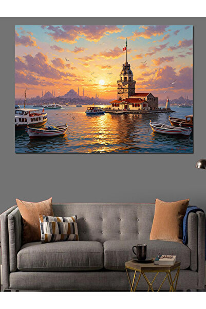 TabloPro Gün Batımında Tarihi Kız Kulesi Yağlı Boya Dokulu Kanvas Tablo Canva...
