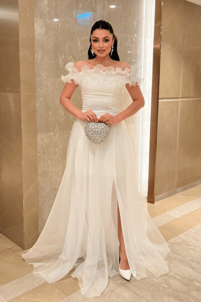 giyimmasalı Organza Chiffon Fabric Evening Dress with Flounce Detail - White