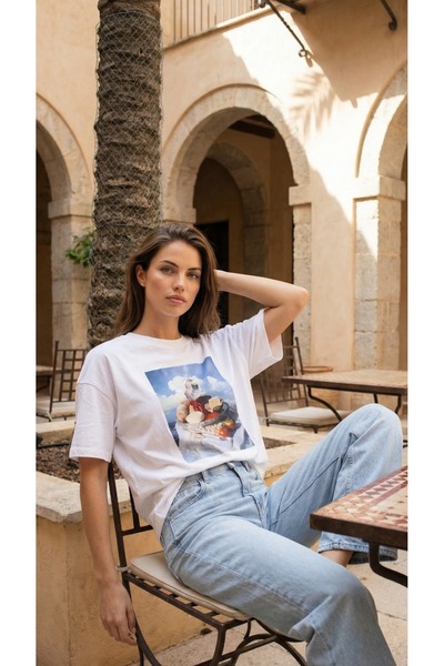 Amia&Co. Tricou alb oversize, cu decolteu rotund, cu imprimeu foto, vintage, ...