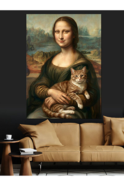 Tablo Mega Kedili Mona Lisa Ünlü Ressam Dekoratif Kanvas - Mdf Ahşap Tablo