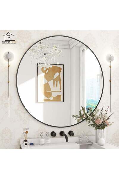 Elindor ® Black Round Decorative, Elegant and Modern Mirror, HD Reflection, D...