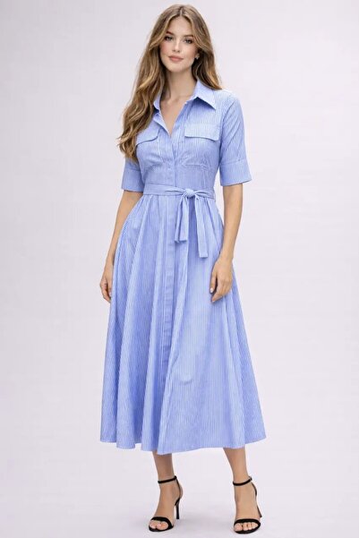 Cool & Sexy Μπλε ριγέ φόρεμα μίντι με γιακά πουκάμισου – Άνετη εφαρμογή για κ...