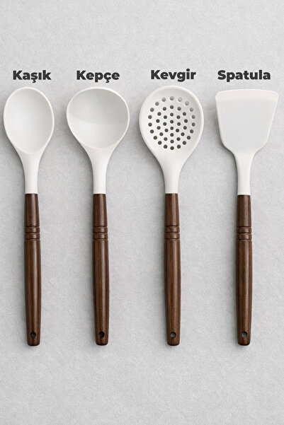 Destpak 4 Parça Silikon Servis Seti - Akasya Saplı Kaşık, Kevgir, Kepçe ve Sp...