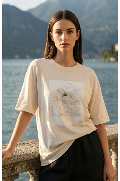 Amia&Co. Tricou de damă cu imprimeu, ecru, supradimensionat, cu decolteu rotu...