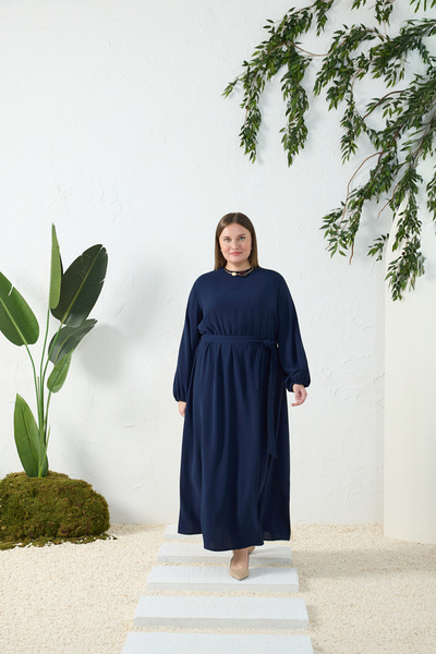 Aker Lacivert Bel ve Kol Ucu Lastik Detaylı Elbise