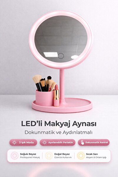ZERAFET Dokunmatik Led Işıklı Usb Li Yuvarlak Masa Üstü Makyaj Aynası