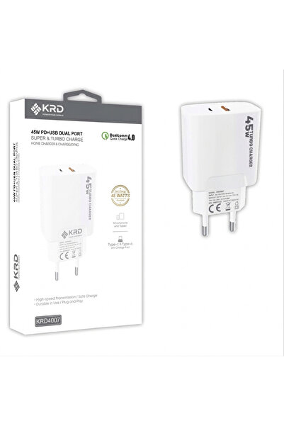 KRD4007 45W QC 4.0 SÜPER TURBO PD TYPE-C PORT+USB PORT (ÇİFT ÇIKIŞ) EV ŞARJ ADAPTÖR /10/200