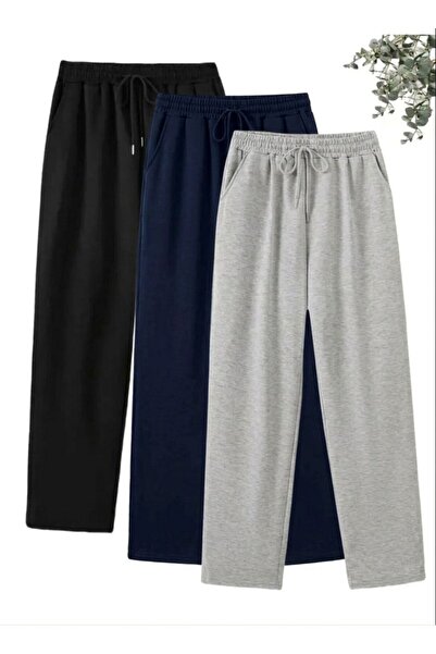 COLNY 3 Pieces Black Gray Navy Blue Flat-Leg Track Pants Wide Fit