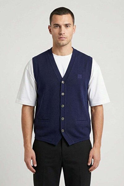 Sabri Özel Giotelli Men's Navy Blue Standard Fit Wool Blend Buttoned Knit Swe...