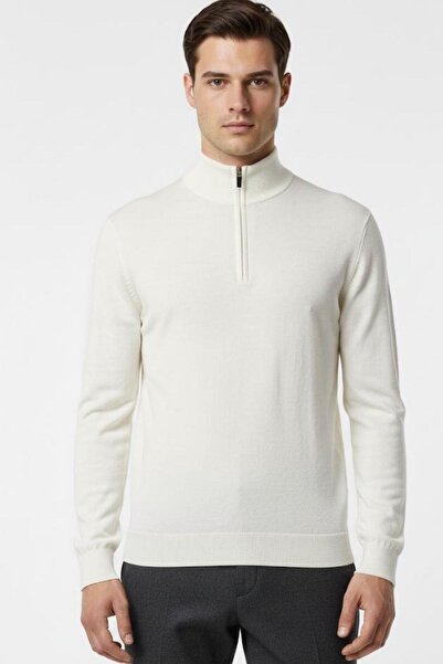 Sabri Özel Ecru Regular Fit Cotton Zippered Half Turtleneck Men's Knitwear Sw...