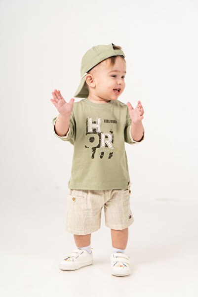JNF kids Erkek Bebek Yazlık Esnek Kumaş Rahat Tişört Şort 2’li Takım Şapka He...